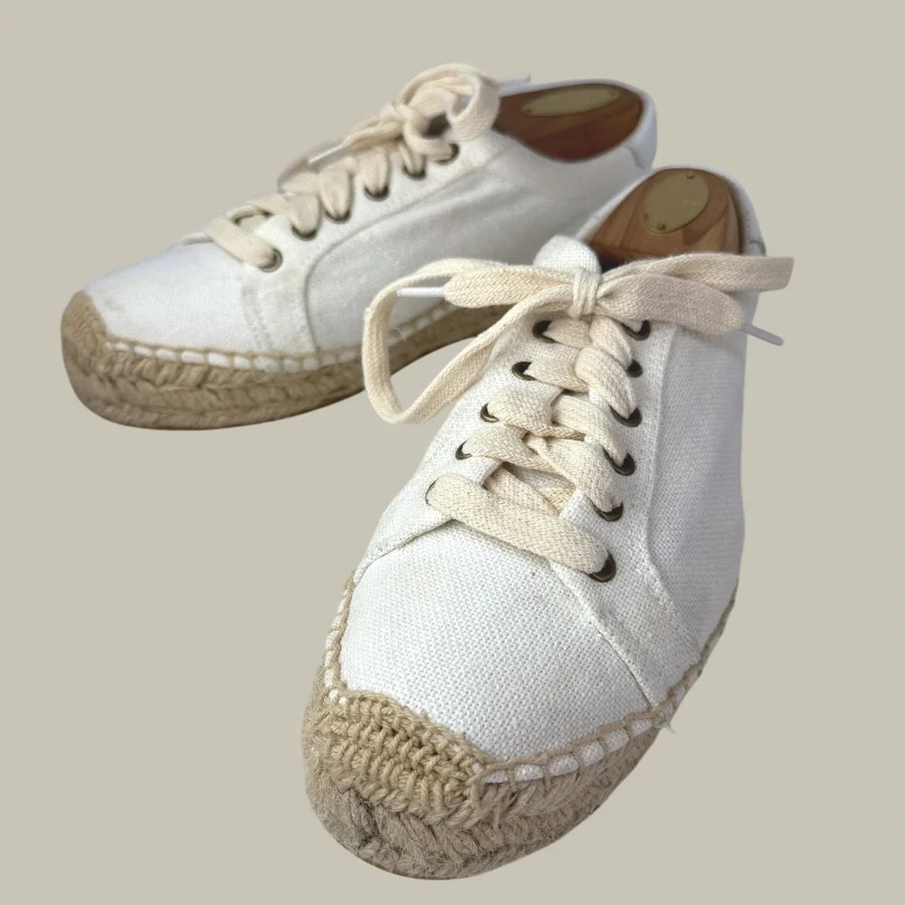 Soludos Espadrille Sneakers Women 7 White Canvas Jute Lace Up Coastal Boho Chic